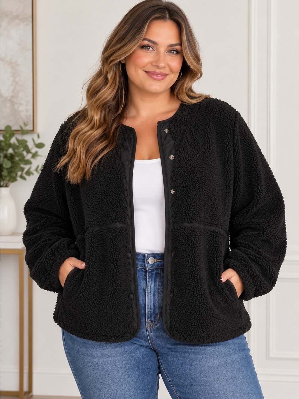 Vera Bradley Women's Black Sherpa Fleece Snap Front Jacket 3X